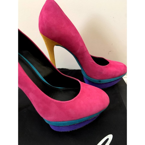 Brian Atwood Fontanne Multicolor Suede Platform Pumps - Picture 3 of 13
